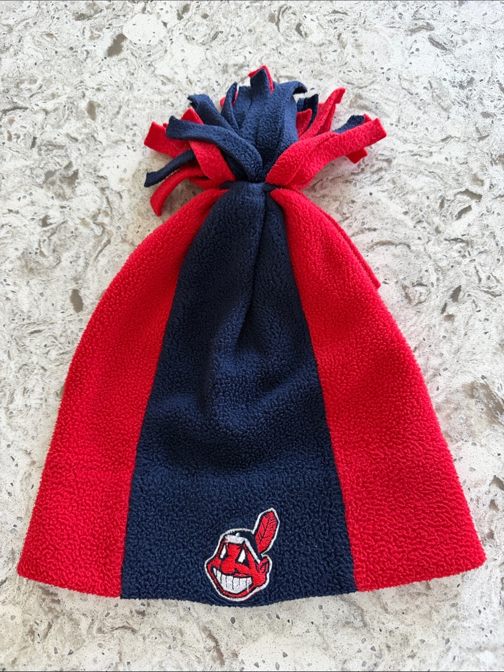 Cleveland Indians Kids Red and Navy Fleece Tassel Beanie with Mascot Patch